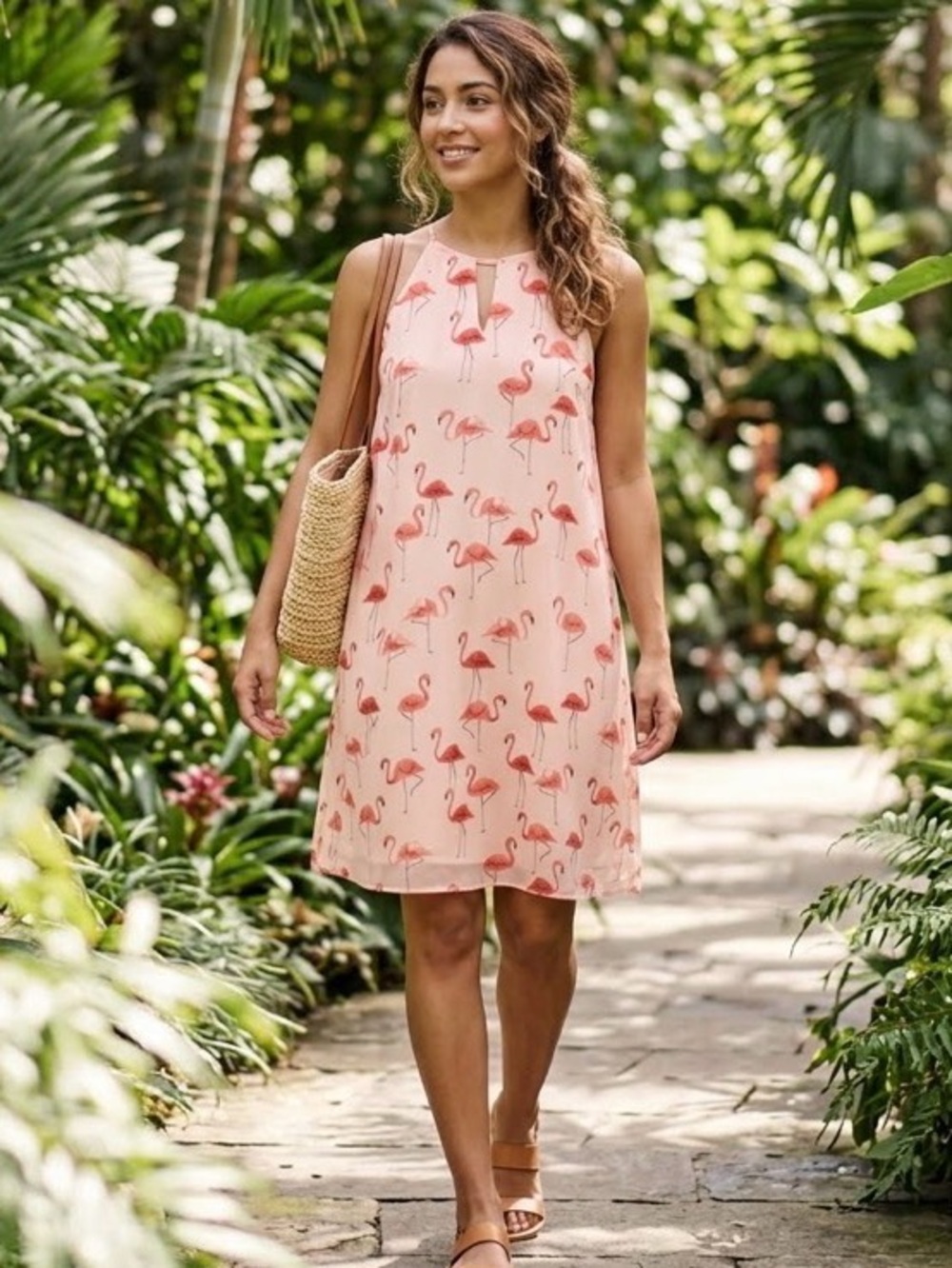Finn & Grace Chiffon Pink Flamingo Print Sleeveless Dress Size S